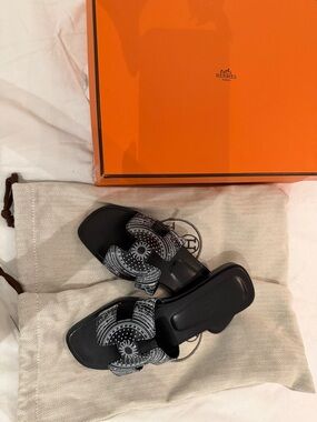 Hermes Black Slide Sandals with Monochrome H Motif